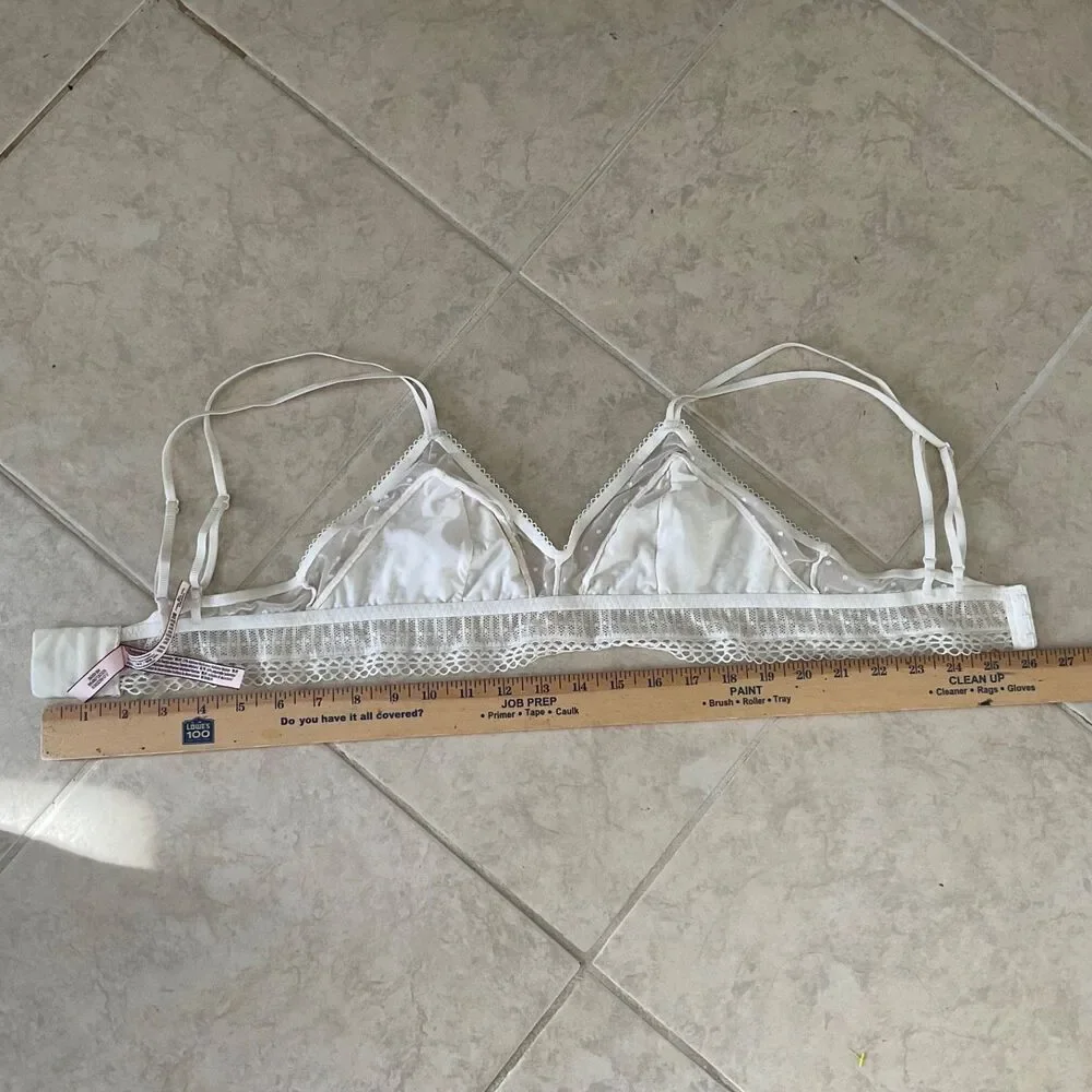 Victoria's Secret White Lace Swiss Dot Mesh Bralette Bra sz M No Wire No Padding